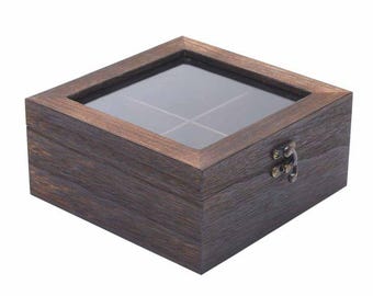 4 Compartment Rustic Dark Brown Wooden Tea / Coffee / Storage Box with Transparent Lid - WBM1607