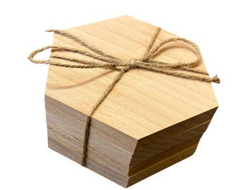 Set of 4 Plain Solid Beech Wood Hexagon Coasters / Drinks Mats - Unvarnished