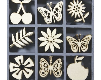 Set of 45 Wooden FLOWERS, FRUITS & BUTTERFLIES Laser Cut Shapes (3cm)