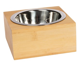 Bamboo & Stainless Steel Single Bowl Raised Cat Feeder - Cat Feeding Bowl