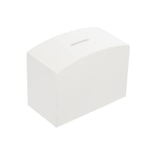 May include: A white ceramic money box with a slot on top for coins. The box has a rounded top and a rectangular base.