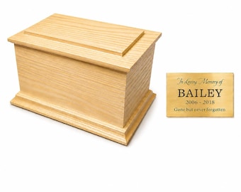 Personalised Solid Ash Wooden Urn / Casket for Pet, Dog, Cat, Rabbit Ashes - Available in 6 sizes. With personalised brass effect plaque