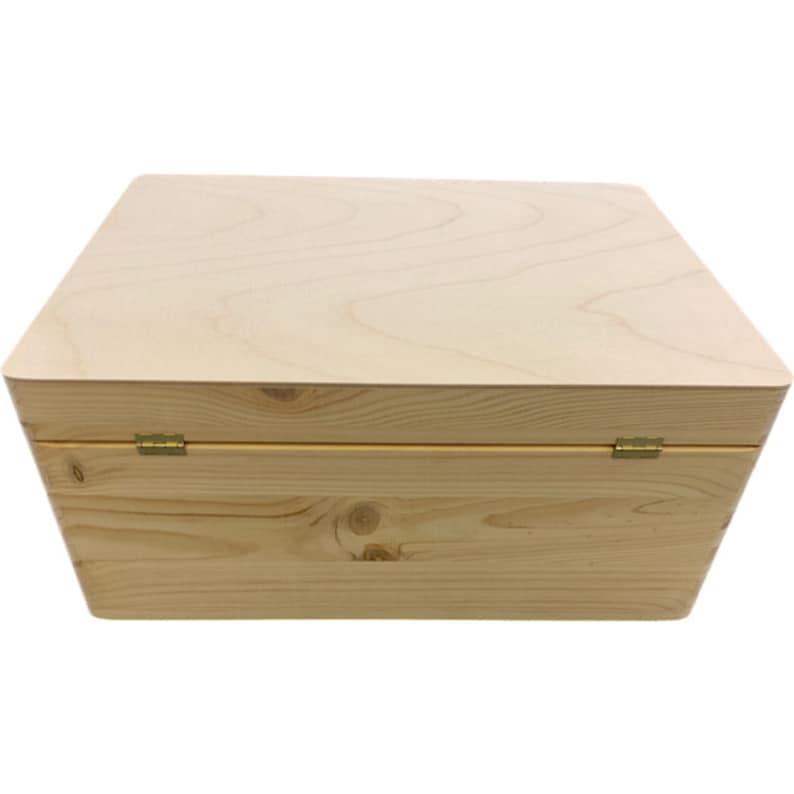 May include: A plain wooden box with a hinged lid. The box is made of light wood and has a natural finish. The hinges are made of brass.