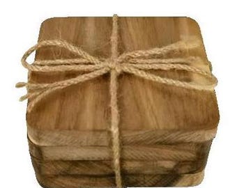 Set of 4 Solid Acacia Wood Plain 10cm Square Coasters / Drinks Mats - Unvarnished