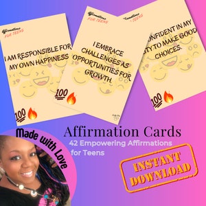 Cartes d'affirmation pour une croissance positive stimulantes pour les adolescents, confiance en soi, pleine conscience, motivation, amour de soi, jeu de cartes numérique imprimable