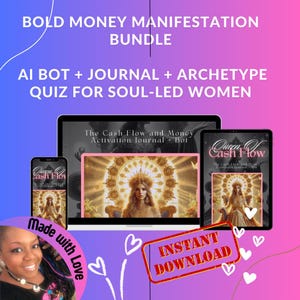 May include: A digital product bundle for women, featuring a journal, AI bot, and archetype quiz. The image shows a laptop screen with the title "The Cash Flow and Money Activation Journal + Bot", a phone screen with the title "Queen of Cash Flow", and a red stamp that says "INSTANT DOWNLOAD".
