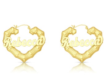10k or 14k Real Gold Personalized Name Skinny Heart Shape Bamboo Earrings 1.5 Inches Wide Fine Jewelry