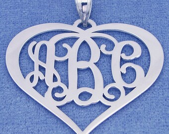 Large Silver 3 Initials Heart Monogram Pendant Necklace Fine Jewelry 1.5" Wide SM58