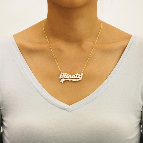 ニコラテスラ　電話タグ　2個　ゴールド Solid Gold Double Nameplate Necklace - MonogramHub.com