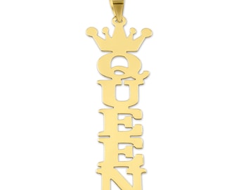 10k or 14k Solid Gold Personalized Vertical QUEEN Crown Nameplate Pendant Charm Jewelry