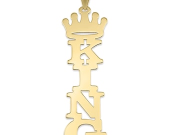 10k or 14k Solid Gold Personalized Vertical King Crown Nameplate Pendant Charm Jewelry