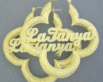 Large 10k Real Gold Flower Shape Personalized Shiny Name Bamboo Earrings 2.5 Inches