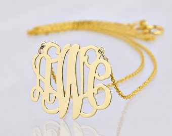 10kt or 14kt small Solid Gold 3 Initials Monogram Necklace 3/4 Inch Fine Personalized Jewelry GM30C