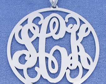 Sterling Silver 3 Initials Large Circle Monogram Pendant Necklace Jewelry 1 3/4 inch SM45