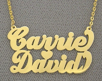 10K or 14K Yellow or White Solid Gold Personalized Couple Name Necklace with Heart NN90