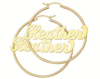 Personalized 14K Gold Hoop Shiny Name Earrings 2 Inch Sturdy 2 MM Round Tube