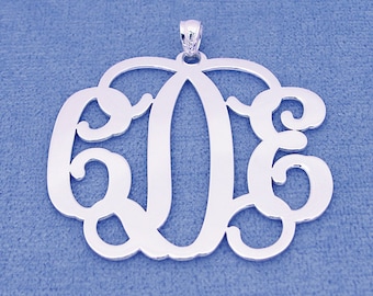 Solid Sterling Silver 3 Initials Monogram Pendant Necklace Jewelry 1 1/2 inch SM33