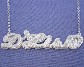 Large Size Silver Personalized 3D Double Plate Diamond Accent Name Pendant Charm Necklace Jewelry SD50