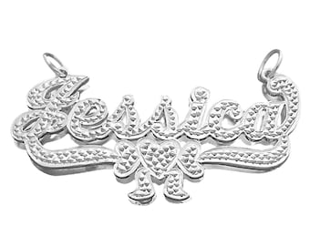 Sterling Silver Personalized 3D Double Plate Heart Ribbon Name Charm Pendant Necklace Diamond Accent Jewelry SD46
