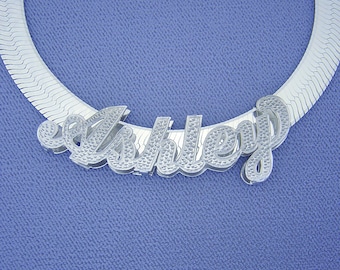 Sterling Silver Double Plates 3D Personalized Cursive Letter Iced Out Name Necklace Slider 9 mm Herringbone Chain