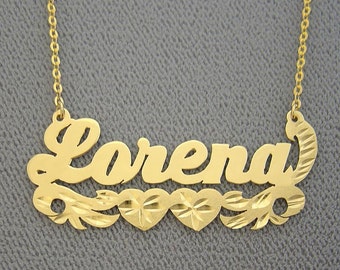 10K or 14K Yellow or White Solid Gold Personalized Name Necklace 2 Hearts Underneath Diamond Cut NN46