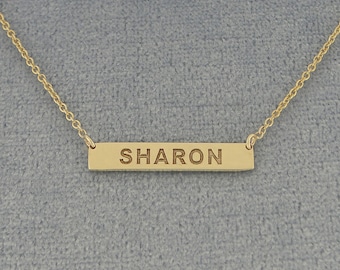 Small Solid 10kt or 14kt Yellow or White Gold Tiny Horizontal Bar Necklace Deep Laser Engraved Any Name GC31C