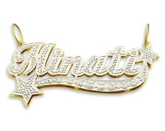 10K or 14K Gold Personalized 3D Double Diamond Accent Star Name Pendant ND44