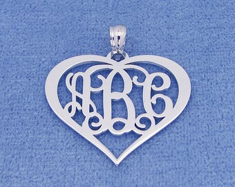 Sterling Silver 3 Initials Monogram Heart Pendant Necklace Fine Jewelry 1" Wide SM56