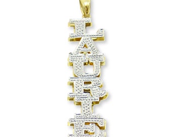 Personalized 10K Yellow Gold Double Plates Vertical Ice Out Name Pendant Charm Block Font Fine Jewelry