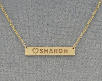 Small Solid 10kt or 14kt Yellow or White Tiny Horizontal Bar Necklace Deep Laser Engraved Any Name Heart GC35