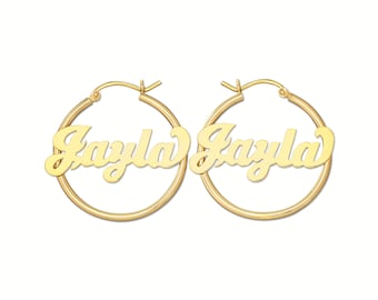 Personalized 14K Yellow Gold Sturdy 2 MM Round Hoop Name Earrings 1.1 Inch Circle
