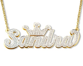 Solid 10K or 14K Gold Personalized 3D Double Plate Iced Out Name Crown Pendant Charm Jewelry