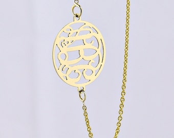 Extra Small Solid Gold 3 Initials Tiny Circle Monogram Sideway Necklace 1/2 Inch Fine Jewelry GM39E