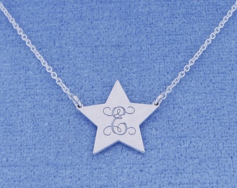 Personalized Small Sterling Silver Deep Laser Engraved Monogram Initial Star Charm Pendant Necklace SC25C