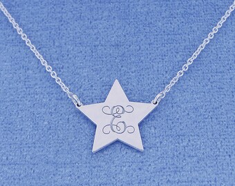 Personalized Small Sterling Silver Deep Laser Engraved Monogram Initial Star Charm Pendant Necklace SC25C