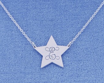 Personalized Small Sterling Silver Deep Laser Engraved Monogram Initial Star Charm Pendant Necklace SC25C