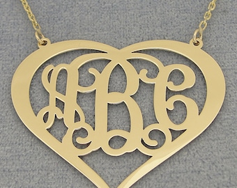 10kt or 14kt Solid Gold 3 Initials Heart Monogram Necklace 1.5" Fine Personalized Jewelry GM58C