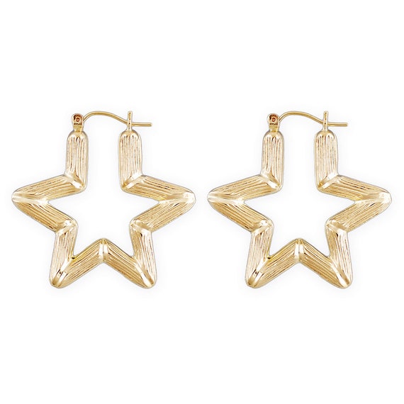 10K Real Gold Star Bamboo Hoop Earrings 10Kt Yellow Gold Doorknocker Jewelry 1.3 Inch