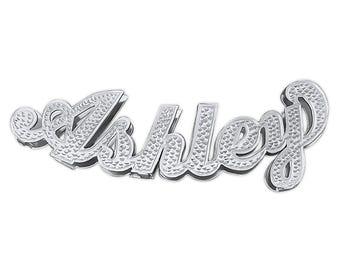 Sterling Silver Double Plates 3D Personalized Cursive Letter Diamond Accent Name Pendant Charm Slider 10 mm Herringbone Chain