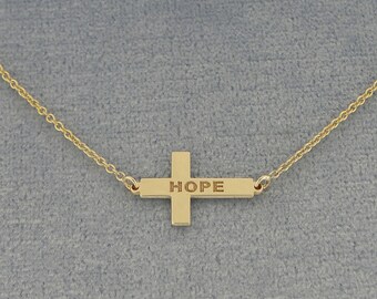 Small Solid 10kt or 14kt Yellow or White Tiny Sideway Cross Charm Deep Laser Engraved Any Name Necklace GC11