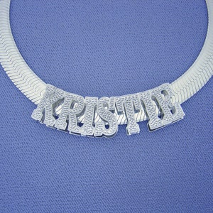 Sterling Silver 3D Double Plates Personalized Diamond Accent Block Letter Name Necklace Slider Charm 9 mm Herringbone Chain