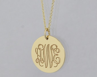 3 Initials Monogram 3/4" Circle Disc Charm Pendant Deep Laser Engrave 10K or 14K Solid Gold GC08