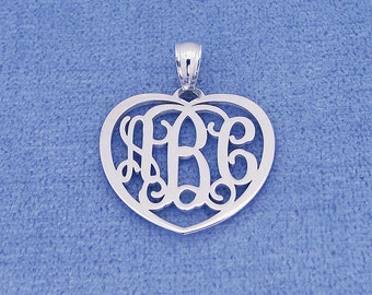 Solid Sterling Silver 3 Initials Monogram Heart Pendant Necklace Jewelry 3/4" Wide SM51