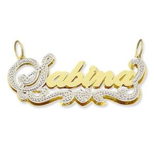 Personalized 10K or 14K Real Solid Gold 3D Double Plates Pendant Custom Script Name Charm Jewelry ND25
