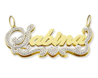 Personalized 10K or 14K Real Solid Gold 3D Double Plates Pendant Custom Script Name Charm Jewelry ND25