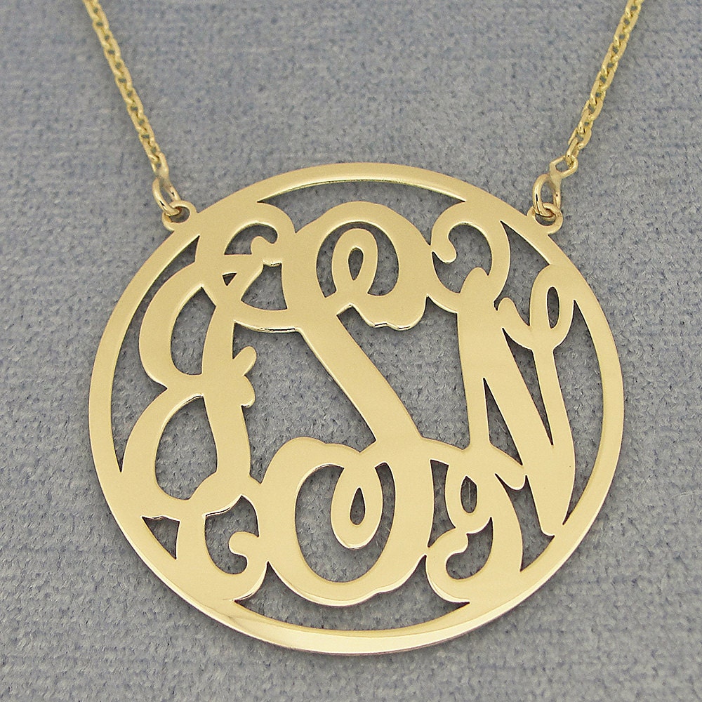 10kt or 14kt Solid Gold 3 Initials Monogram Necklace 1 1/4 Inch Fine Personalized Jewelry GM43C