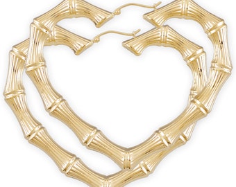 10k 14k Real Gold Heart Bamboo Hoop Earrings 80s Hip Hop Doorknockers Large 2.9"