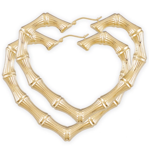 10k/14k Gold Heart Bamboo Earrings: 80s Style Jewelry