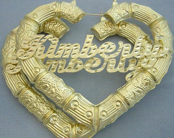 Extra Large Real 10k Gold Personalized Diamond Name Puffy Heart Bamboo Earrings 3.5 Inches Wide