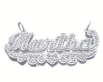 Sterling Silver Personalized 3D Double Plate Name Pendant Necklace Diamond Accent Jewelry Heart Wings SD45
